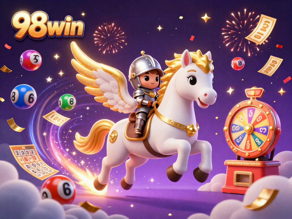 Experience high-stakes excitement with 98win's dynamic lottery scene featuring colorful lottery balls, bingo cards, and prize wheels.