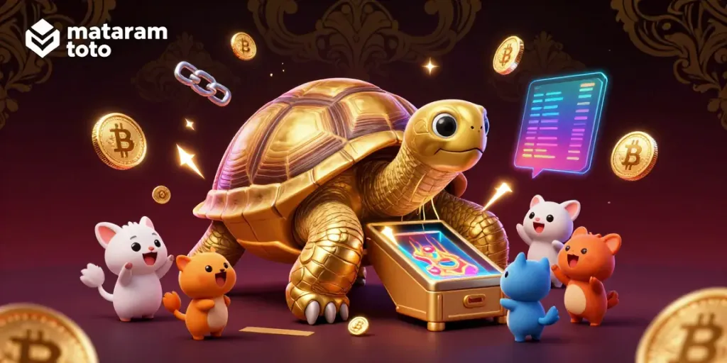 Experience the thrills of mataram toto with a vibrant 3D illustration featuring a golden tortoise pinball machine and crypto elements.