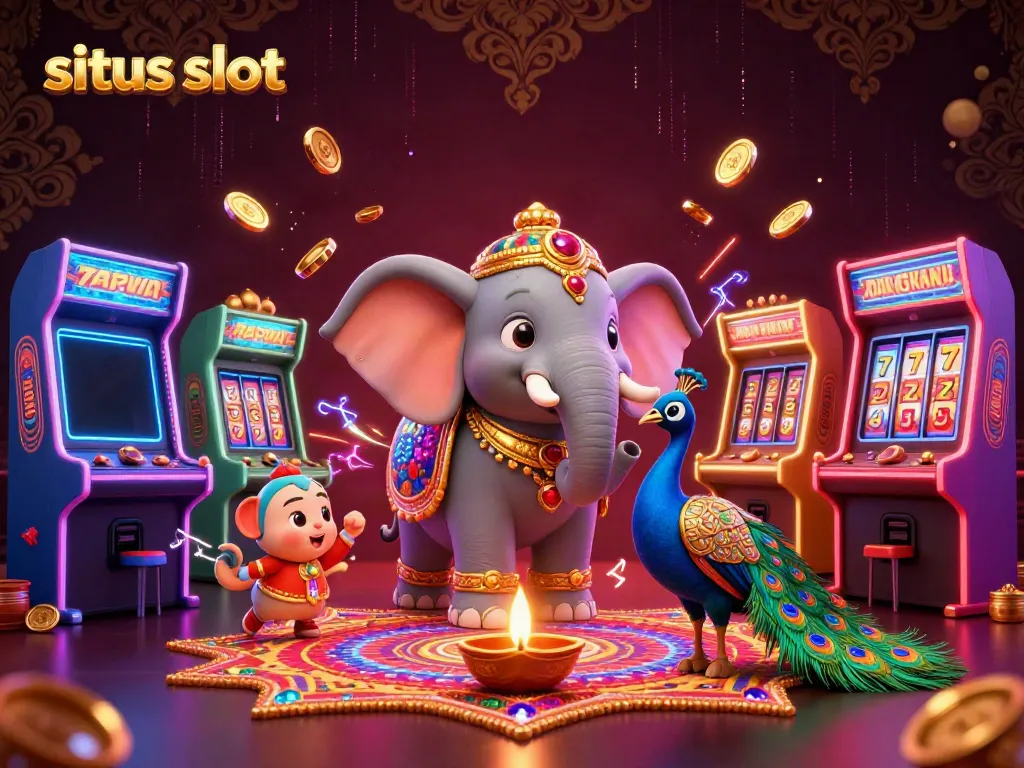 Situs slot gaming illustration featuring a Diwali-themed elephant, a peacock, and slot machines amidst vibrant casino elements.