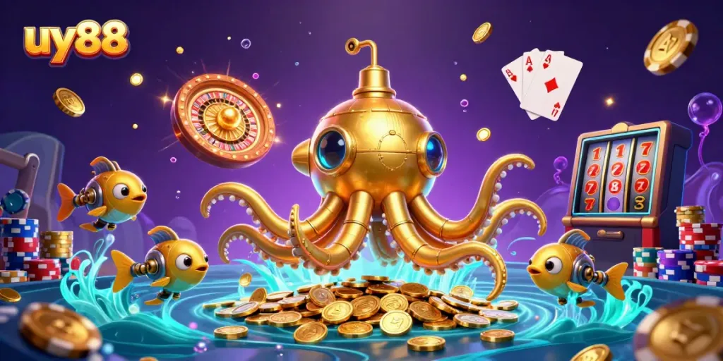 Engage in thrilling gameplay at uy88 with a stunning 3D golden kraken and casino elements.