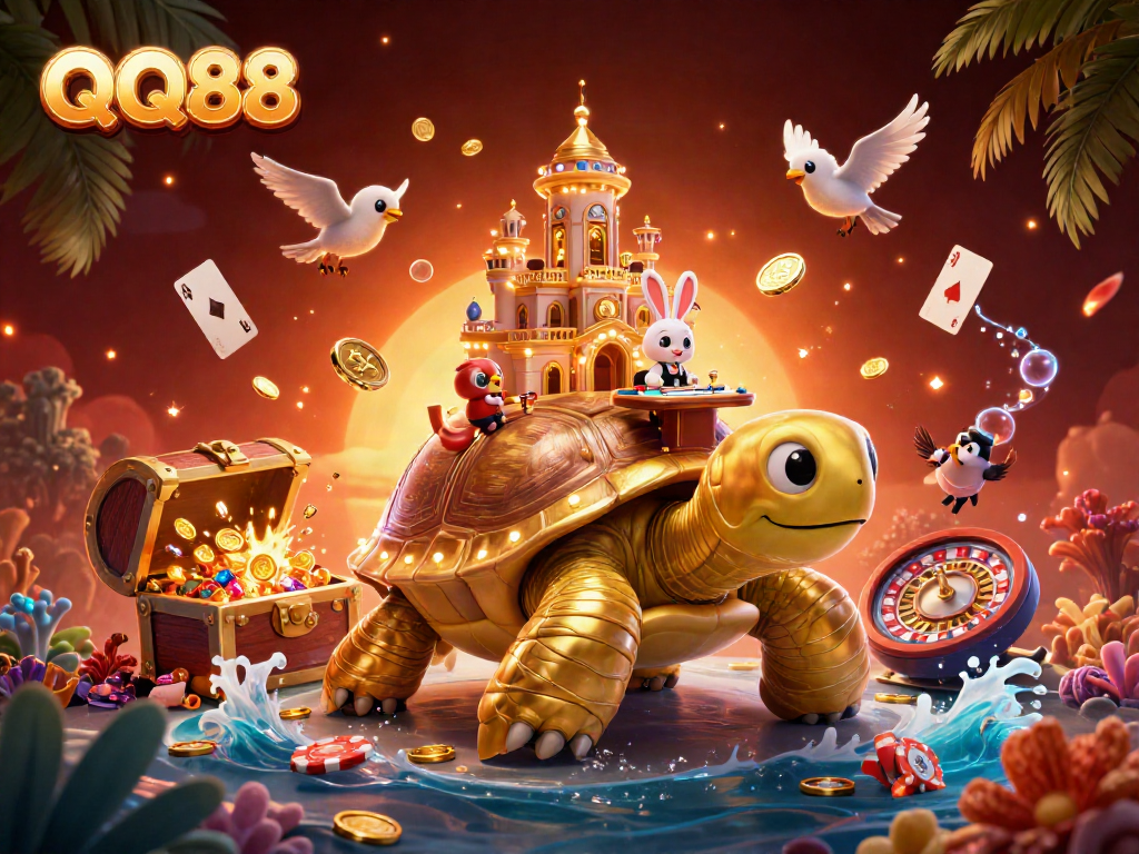 Engage with QQ88's vibrant casino scene featuring a golden tortoise and a rabbit dealer amidst floating game elements.