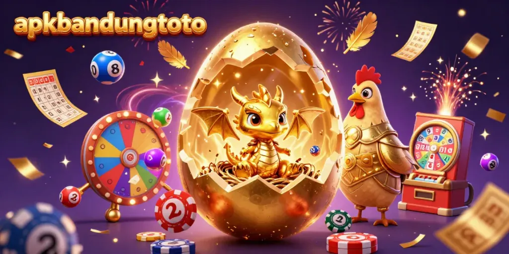 Engage with apkbandungtoto as a golden egg cracks revealing a golden dragon amid colorful casino elements.