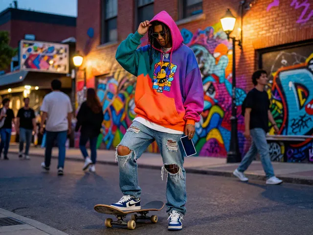 Urban youth in stylish outfit showcasing Roma Army nudes street culture against graffiti.