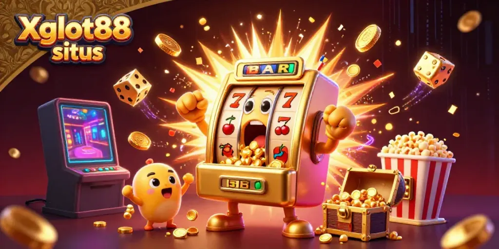 Mesin slot yang mengejutkan memenangkan jackpot di Xgslot88 situs, dikelilingi oleh mesin slot dan efek koin.