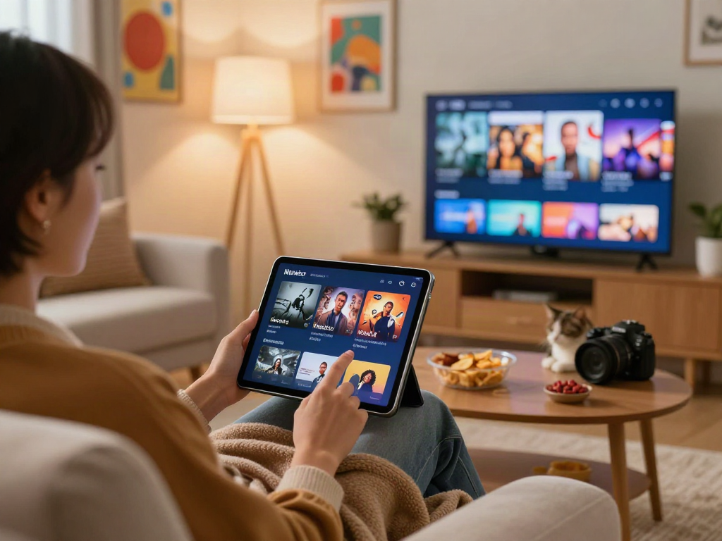 Engaging user on the Moviebox app enjoying a movie night in a cozy home setting.