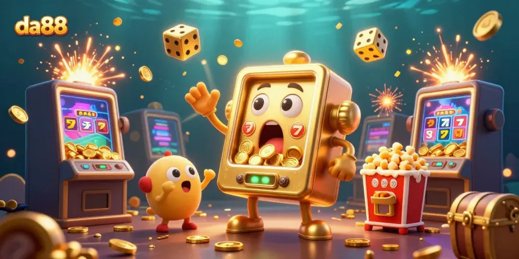 Immerse in da88's vibrant casino scene with a golden slot machine hitting a jackpot amidst coins and cheering baby slots.