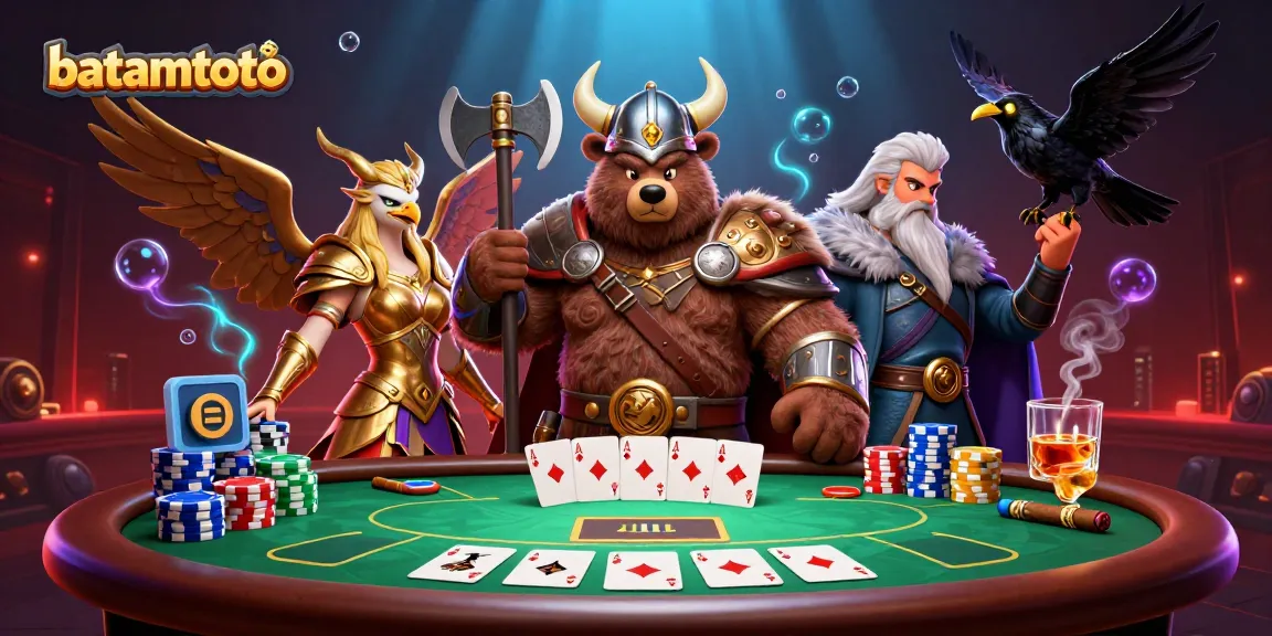 Engage in thrilling poker action with batamtoto, featuring Viking characters and poker elements.