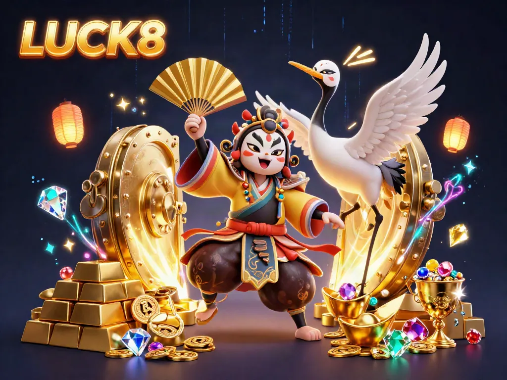 LUCK8 showcases a vibrant casino scene with kabuki warrior and treasures in dynamic action.