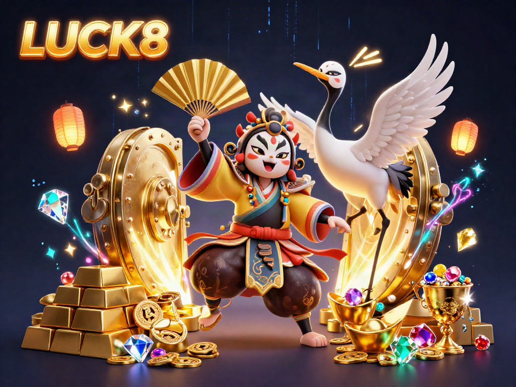 LUCK8 showcases a vibrant casino scene with kabuki warrior and treasures in dynamic action.