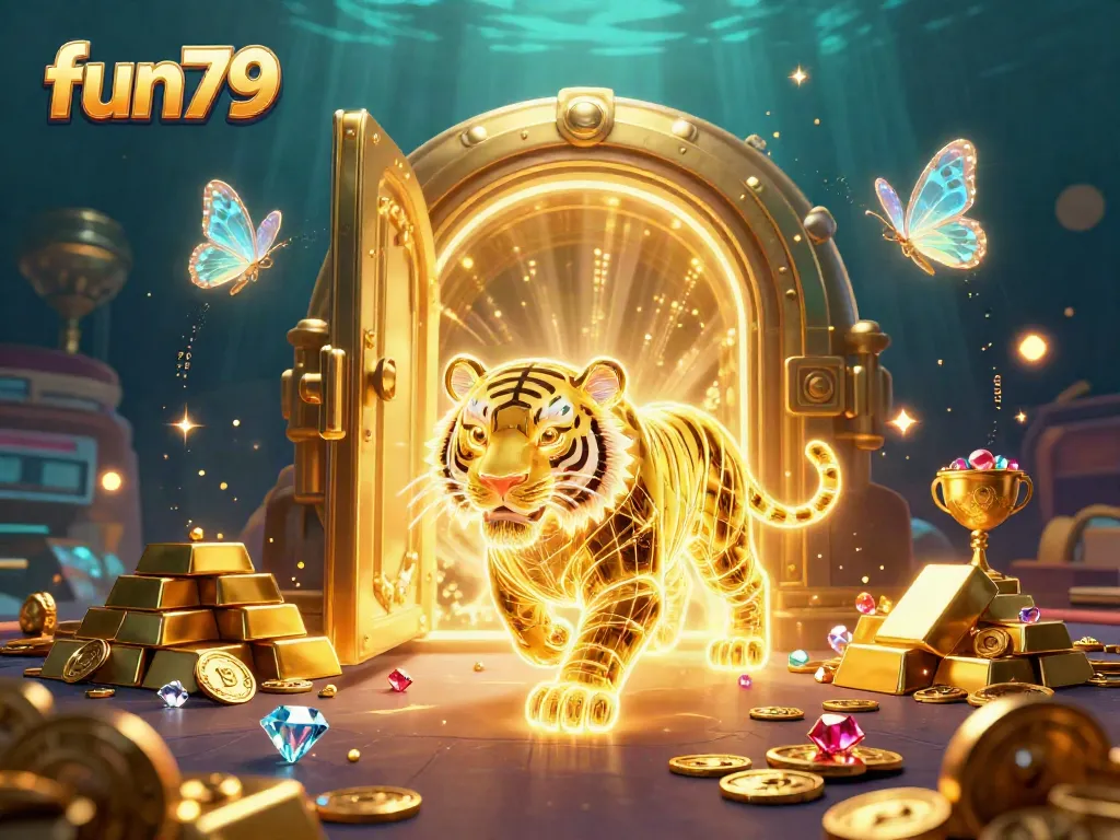 Experience the excitement of fun79 with a digital casino illustration featuring stunning golden treasures and a powerful tiger.