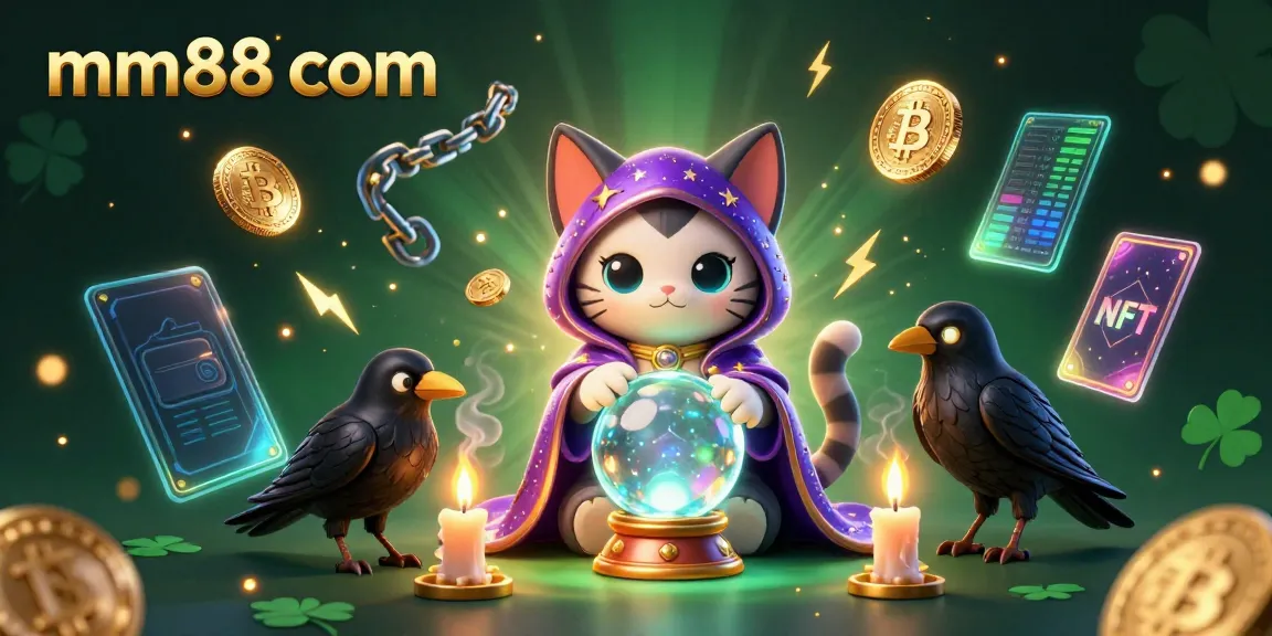 Engage in exciting gaming at mm88 com with a vibrant 3D illustration featuring a mystic cat, a raven, and dynamic gaming elements.