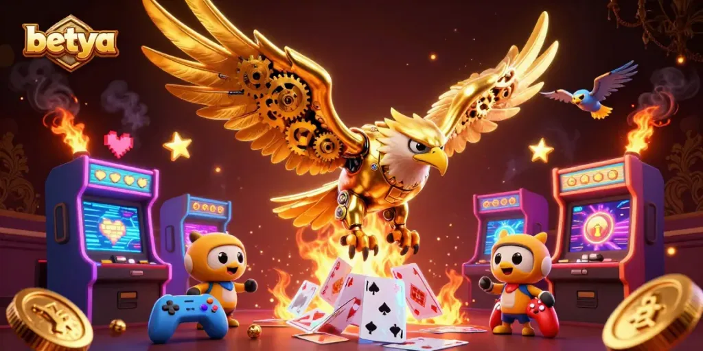 Experience the thrill of betya casino with our cybernetic eagle soaring through vibrant 3D game elements.