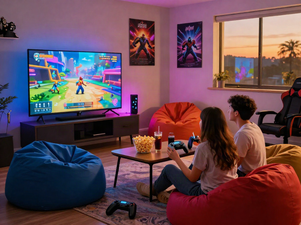 Couple enjoying porngames in cozy lounge with snacks and vibrant gaming setup