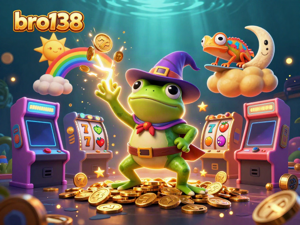 Experience the thrill of bro138 slots with a wizard frog and chameleon in a vivid casino scene.