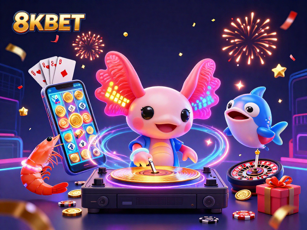 Win big with 8KBET in a vibrant underwater casino scene featuring a DJ axolotl spinning games.