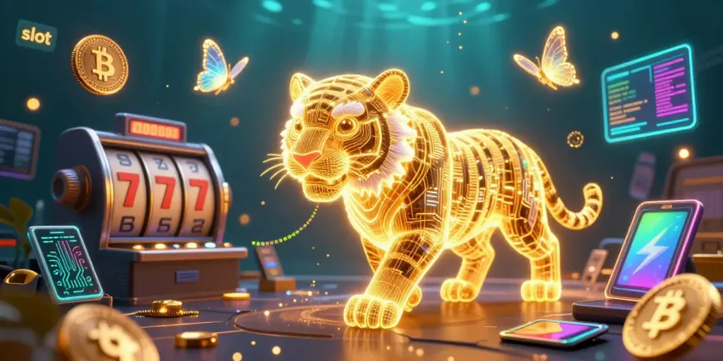 A vibrant slot-themed casino illustration featuring a neon tiger, holographic elements, and crypto coins.