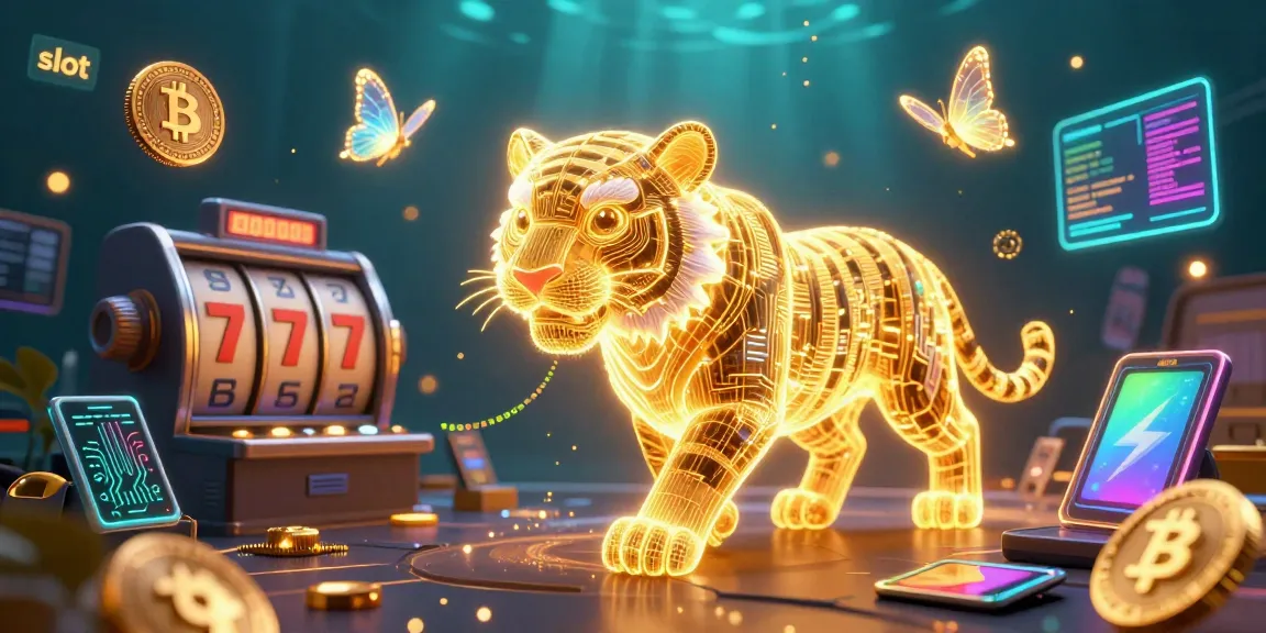A vibrant slot-themed casino illustration featuring a neon tiger, holographic elements, and crypto coins.