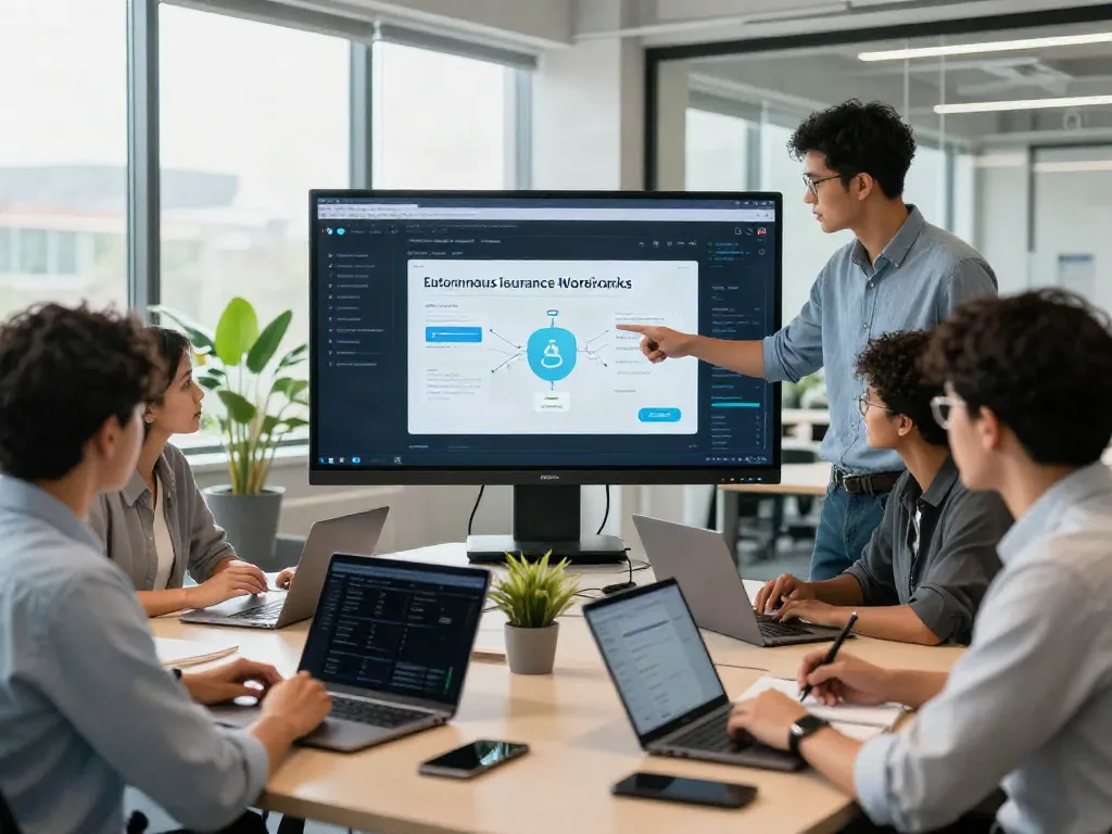Team collaborating on insurance tech news innovations in a modern office.
