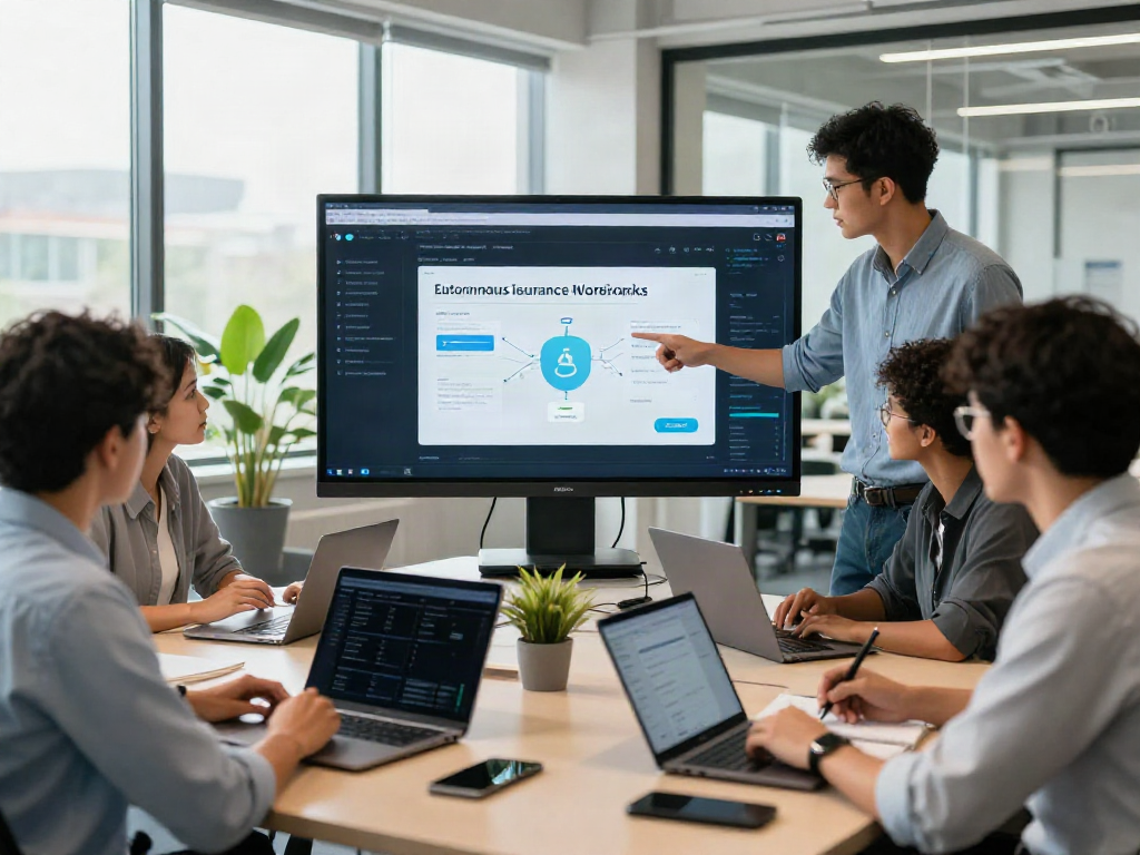 Team collaborating on insurance tech news innovations in a modern office.