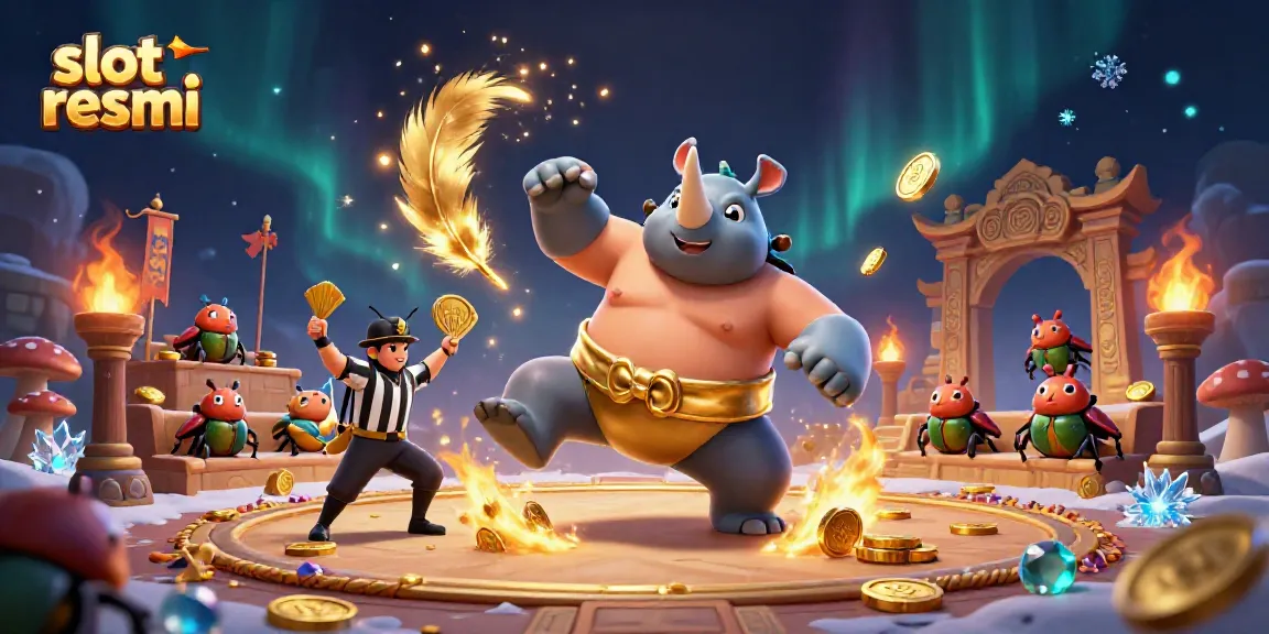 Experience thrilling wins with slot resmi in this vibrant neon casino scene featuring dynamic cartoon characters.