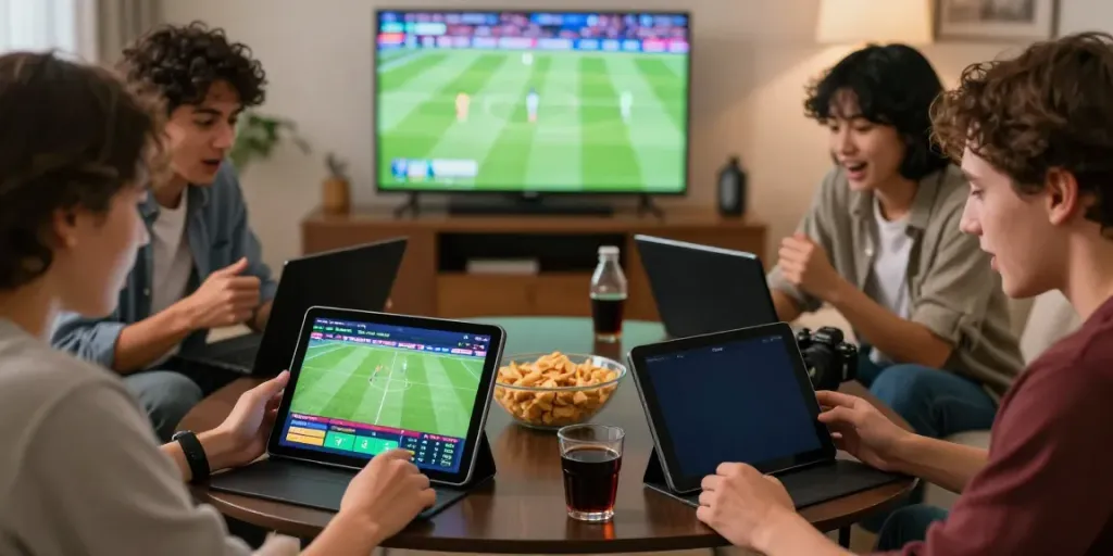 Friends engaging with WWBOLA platform while watching live soccer matches in a cozy setting.