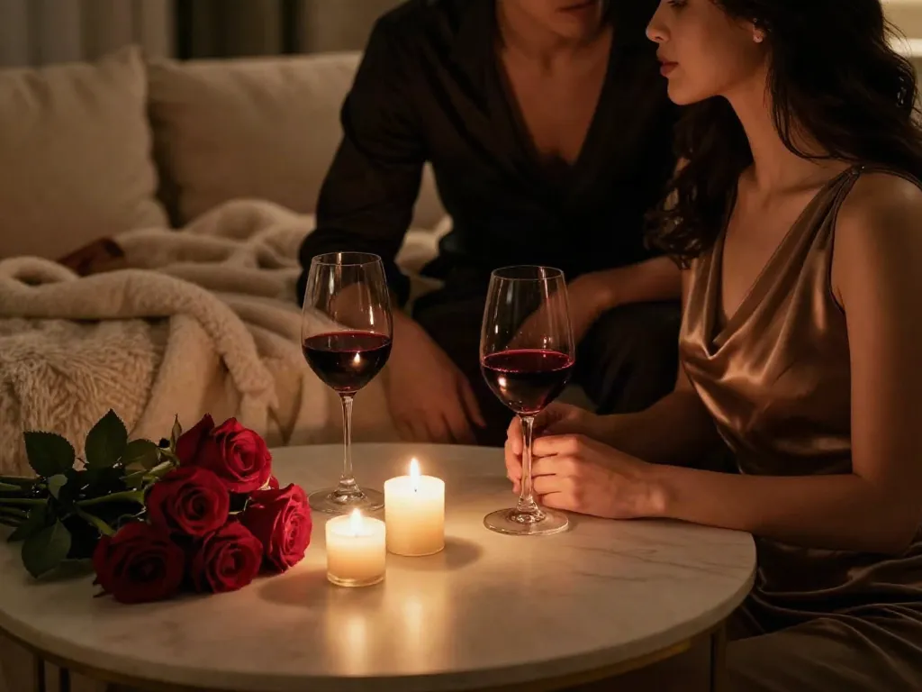 Couple enjoying live sex in an intimate candlelit setting.