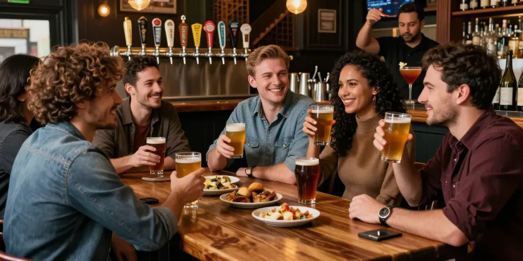 Pengunjung menikmati bir dan makanan di pub The Keg Room NYC, suasana hangat dan ramai.