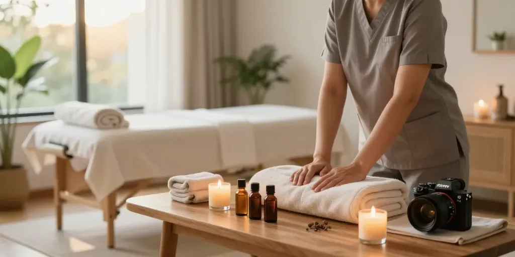 강남출장안마 services in a tranquil home massage environment with soft lighting and natural decor.