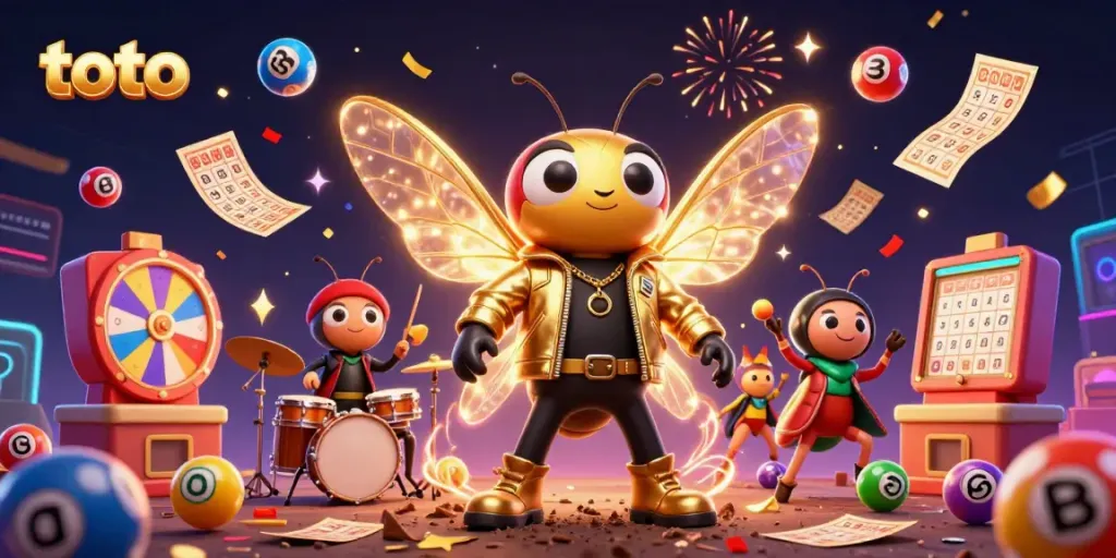Experience vibrant action with toto characters in a festive casino scene filled with colorful lottery elements.