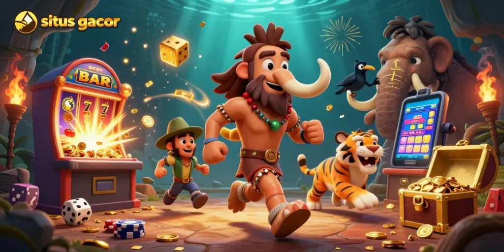 Experience situs gacor thrills with a vibrant 3D illustration of a caveman casino, showcasing massive jackpots and dynamic gameplay.