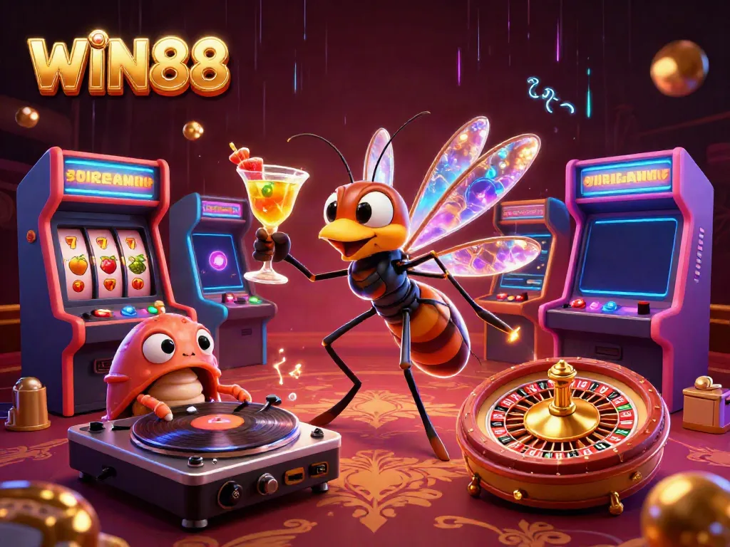 Experience thrilling moments at WIN88 casino with vibrant slots and stylish mascots.