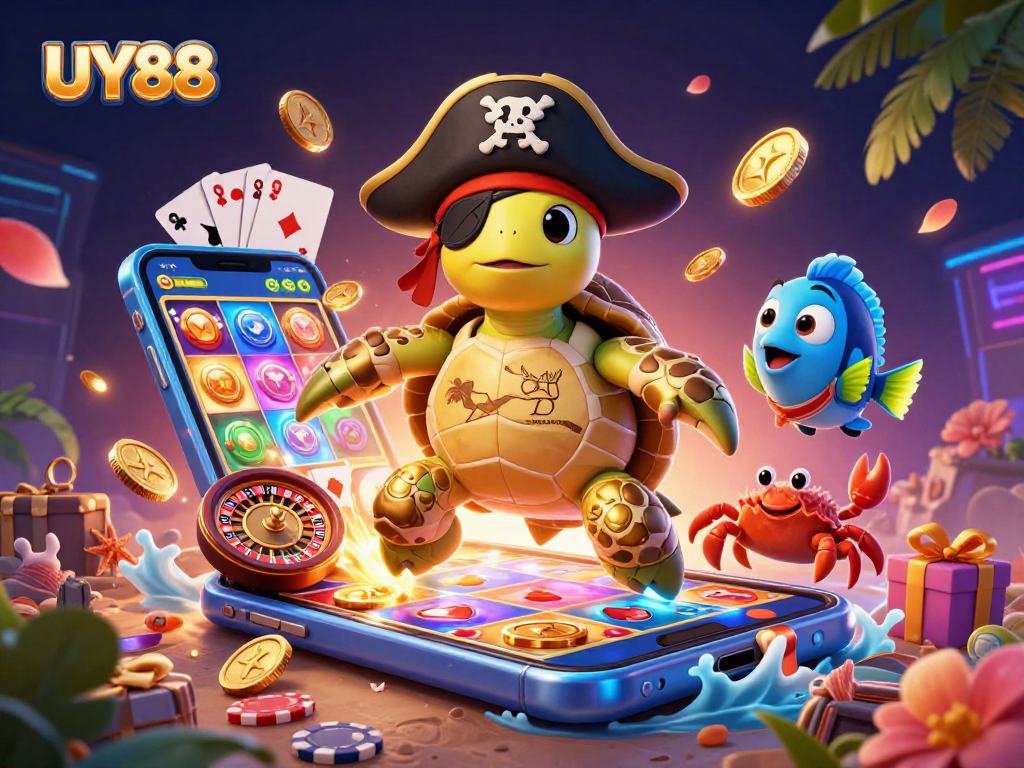 Engage with UY88's vibrant casino world featuring a pirate turtle, treasure, and exciting gaming elements.