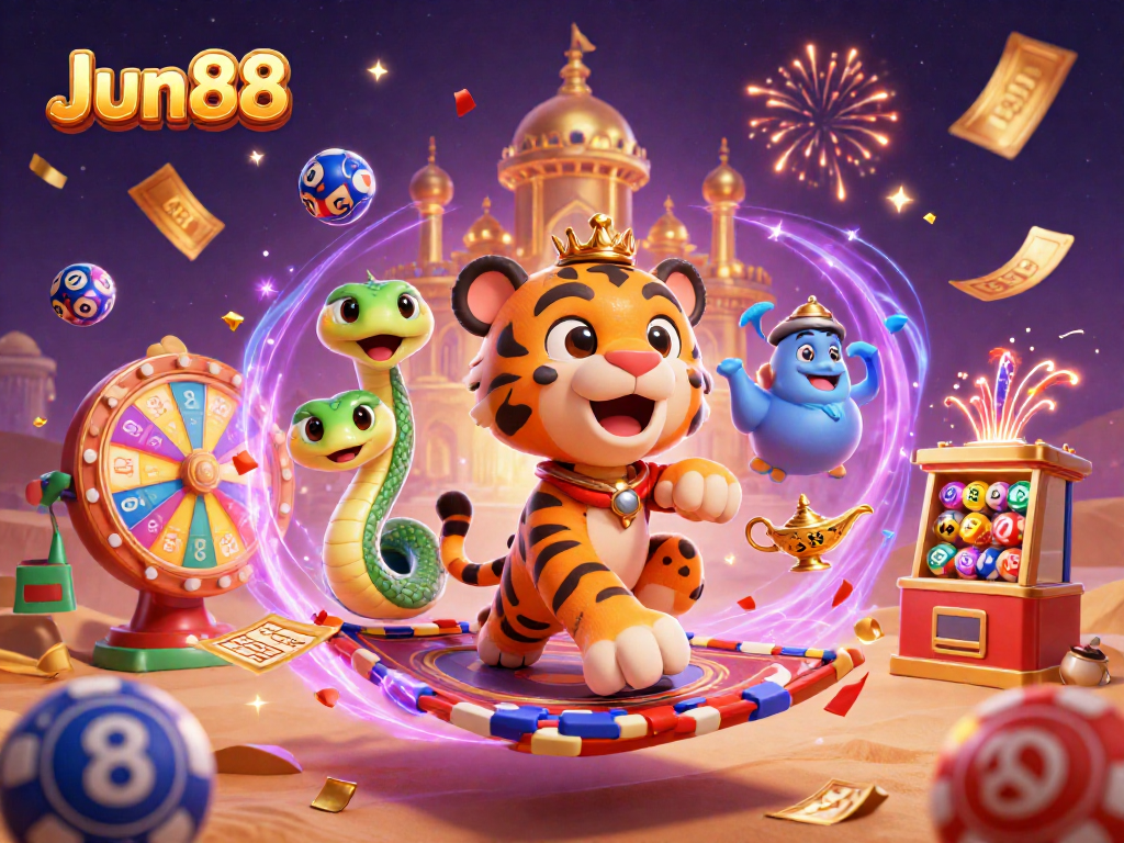 Experience thrilling gameplay at Jun88 with a cartoon sultan surrounded by dynamic casino elements.