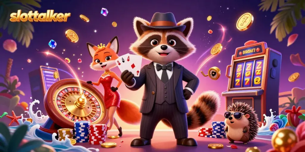 Experience slot fun with slottalker featuring raccoon, fox, and hedgehog in a vibrant casino scene.