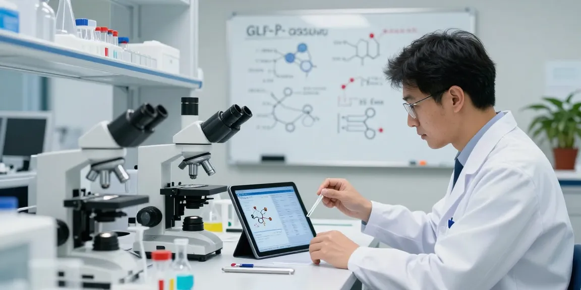 Researcher studying glp-3-rt receptor interactions in a high-tech lab environment.