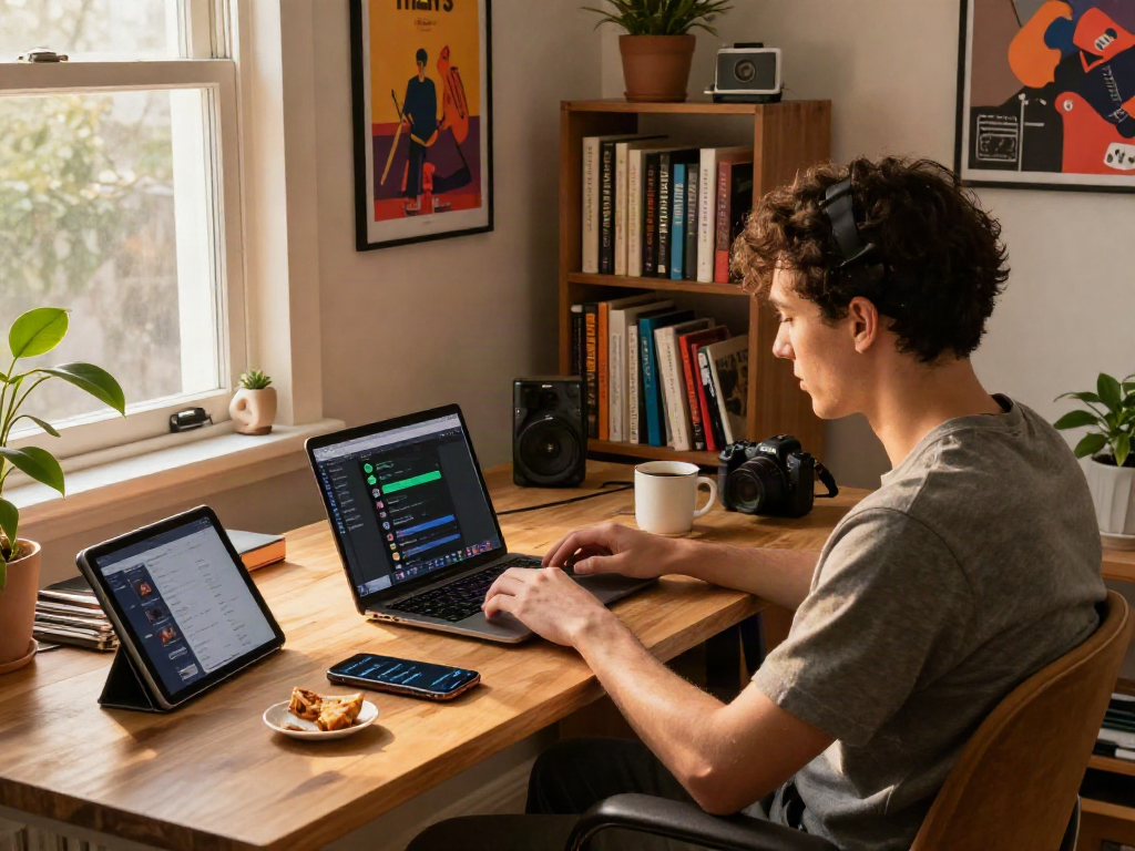 Explore spotify mod apk in a modern workspace with music devices and vibrant decor.
