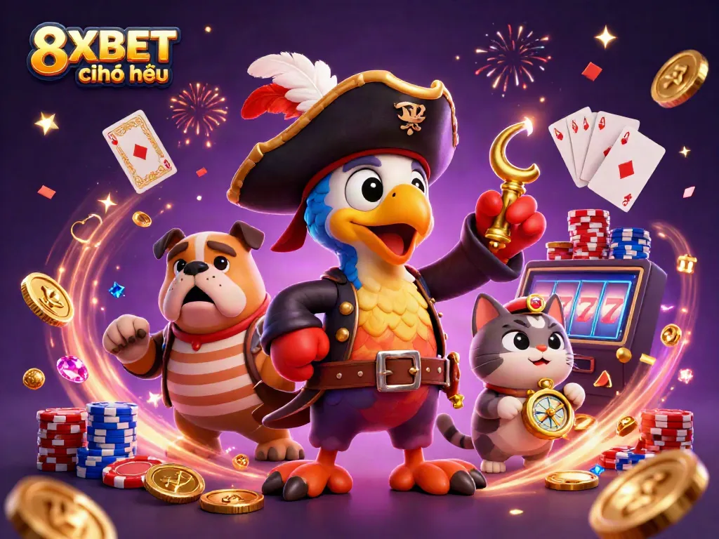 Experience the thrill of 8XBET chính thức in this vibrant, dynamic casino illustration filled with adventure and potential wins.
