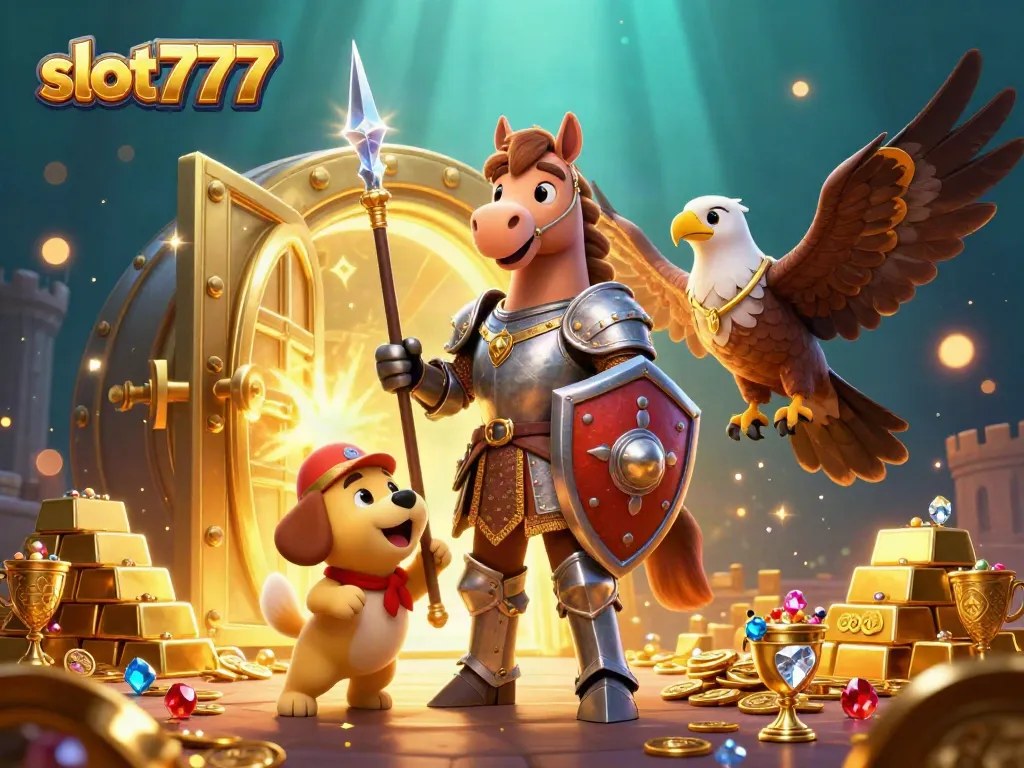 Experience the excitement of slot777 in a 3D medieval casino scene, featuring knights and treasures.