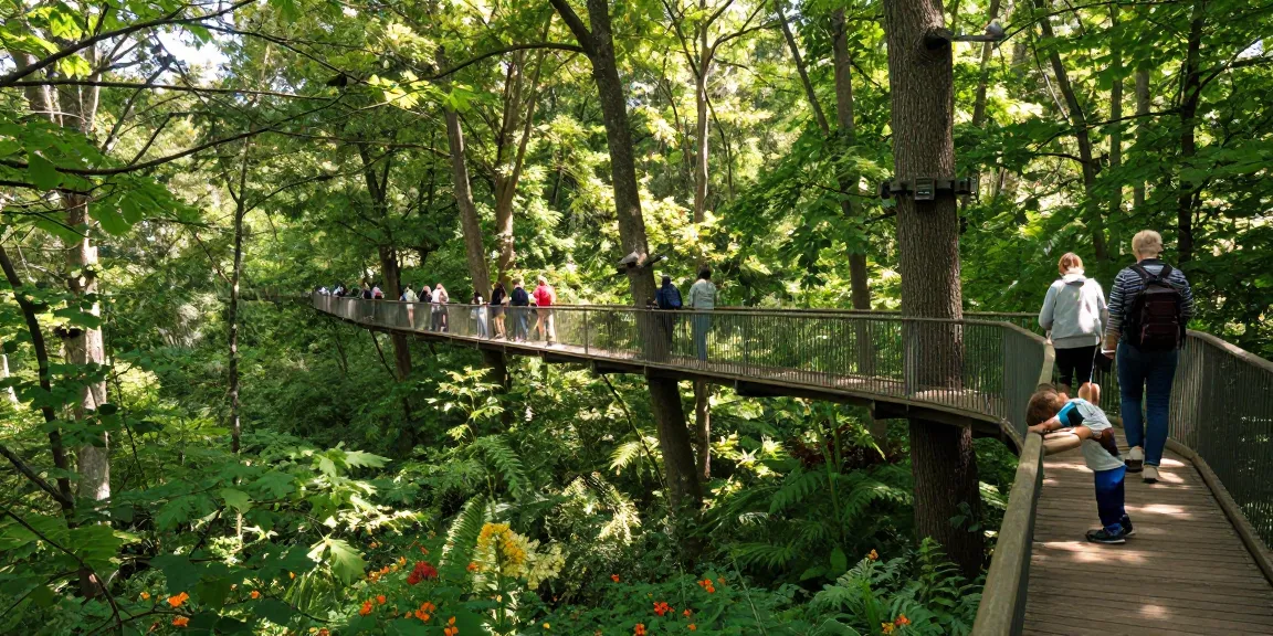 Treetop Walkway experience in a scenic forest with visitors enjoying the elevated paths surrounded by nature.