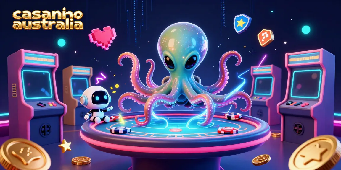 A cartoon octopus in a space suit operates a poker table at casino Australia with glowing game machines.