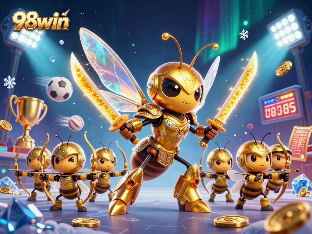 Engage with 98win's vibrant online casino features, showcasing a dynamic 3D scene of gambling excitement.