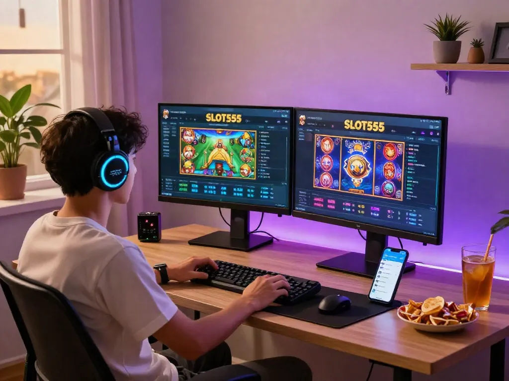 Engaging home gaming setup showing player enjoying slot gacor on SLOT555 platform with dual monitors