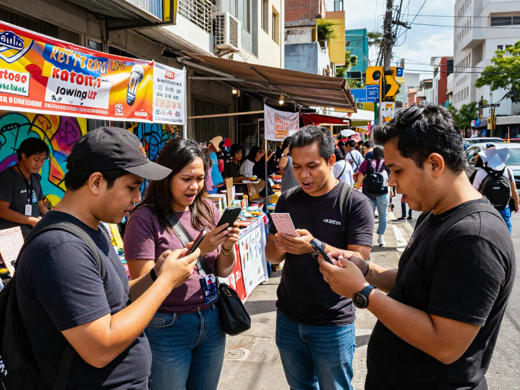 Kerumunan excited membahas hasil ratutogel di jalan kota.