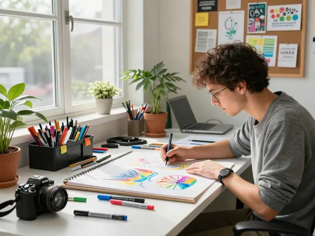 Marker pen supplier workspace showing a professional artist surrounded by vibrant stationery and creative elements.