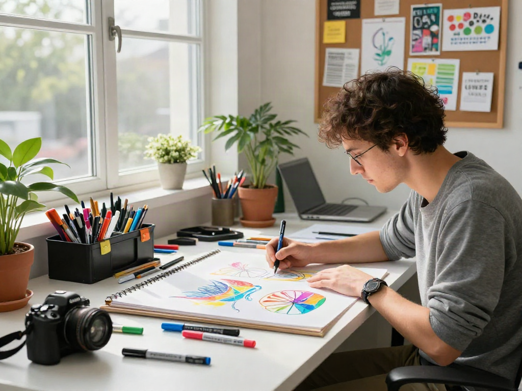 Marker pen supplier workspace showing a professional artist surrounded by vibrant stationery and creative elements.