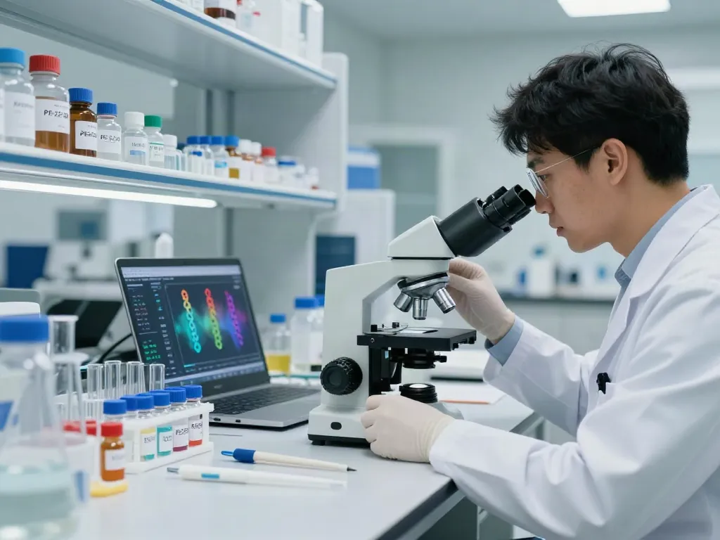 Researcher focused on examining PE-22-28 peptide vial in a modern lab setting.