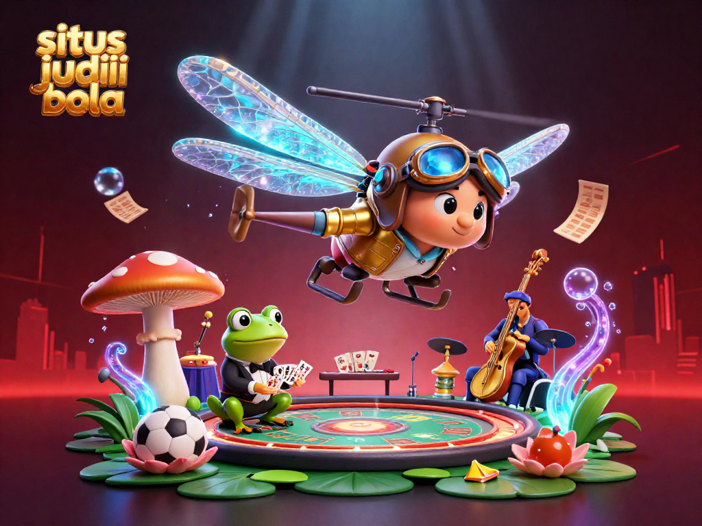 Situs judi bola showcases a vibrant scene with a dragonfly pilot and a frog croupier amidst sports betting elements.
