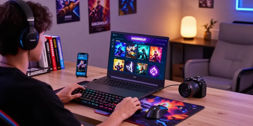 Gamer berinteraksi dengan platform KANJENGSLOT di laptop gaming dengan lingkungan yang penuh semangat.
