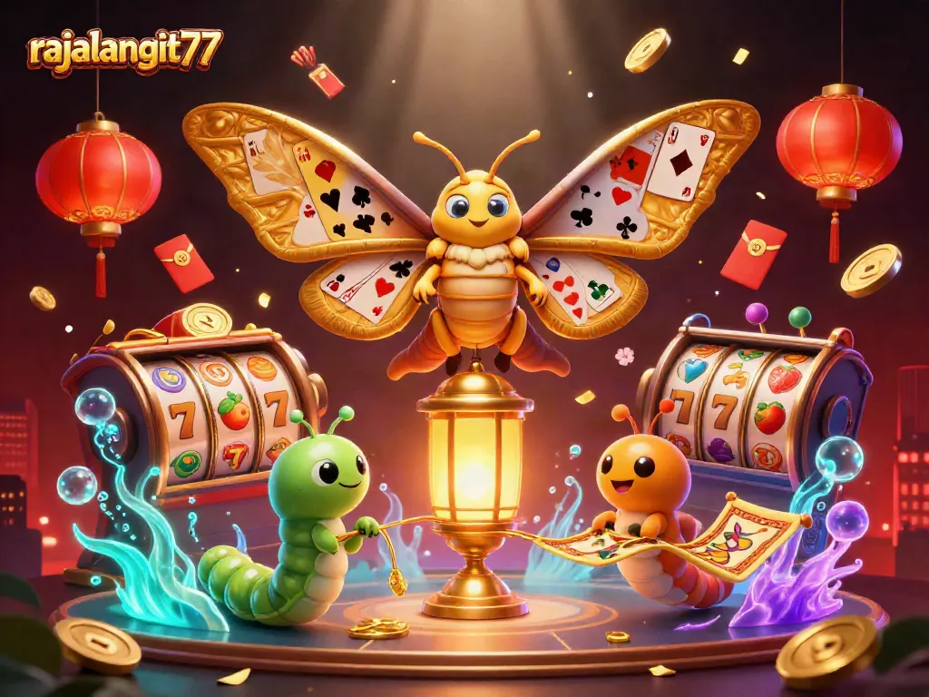 Engage with rajalangit77 in a vibrant casino-themed scene rich with golden slot reels and dynamic elements.