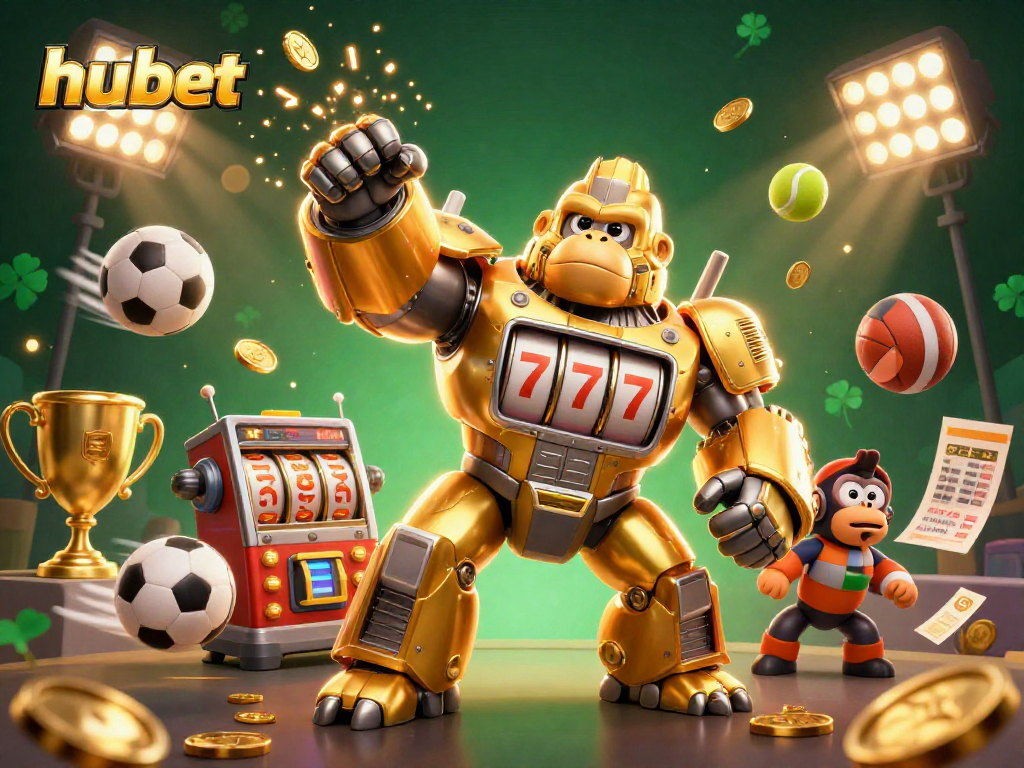 Join the excitement at hubet with a dynamic 3D illustration of a golden gorilla mech winning big!